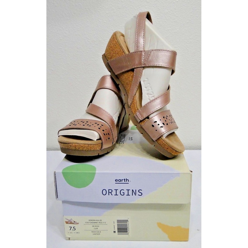 NEW Earth Origins Womens 7.5 Rose Gold KENDRA KHLOE SANDALS Leather Wedge IN BOX